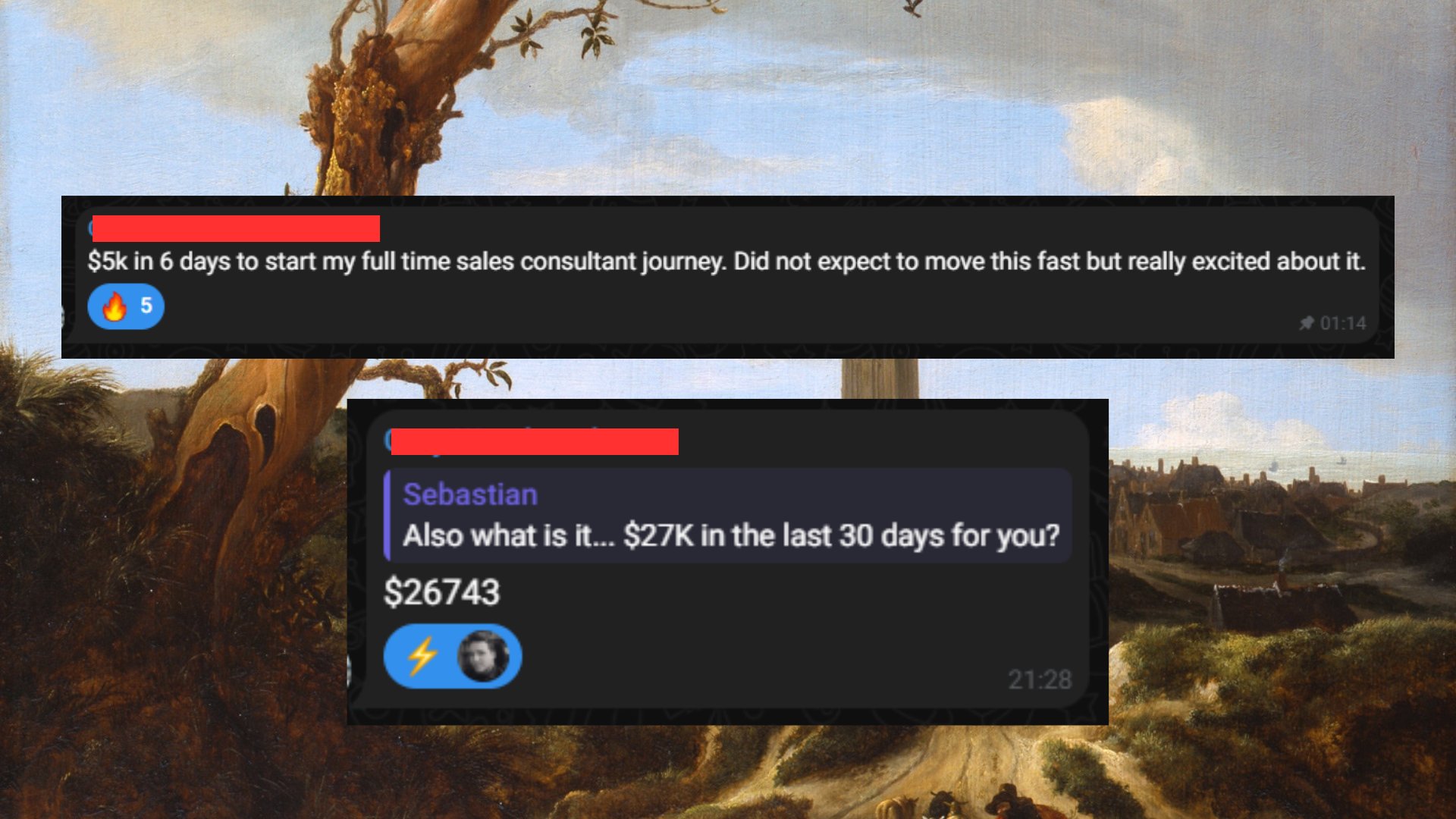 Client messages: $5k in 6 days, $26,743 in 30 days