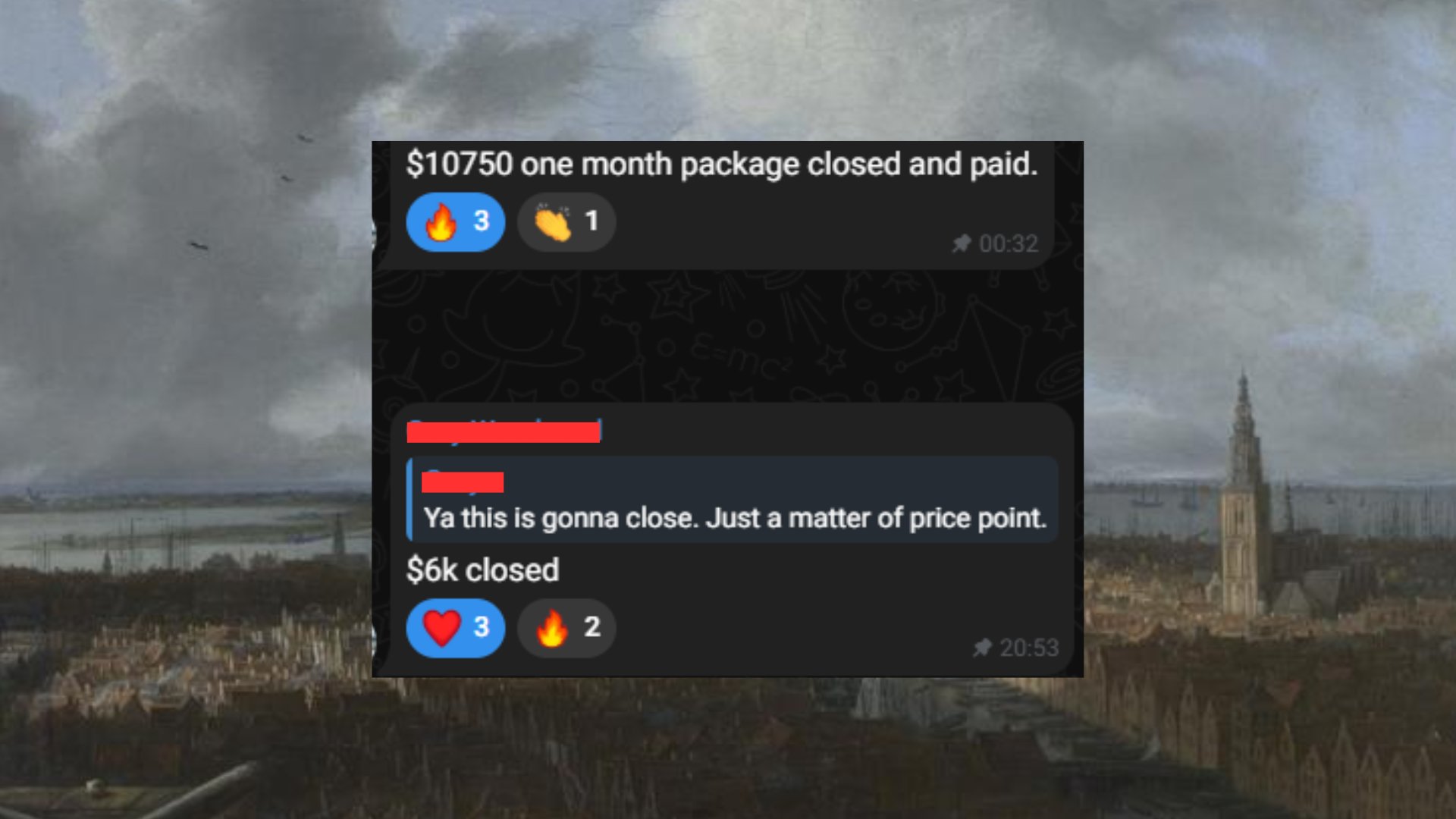 Client messages: $10,750 package closed and paid, $6k closed