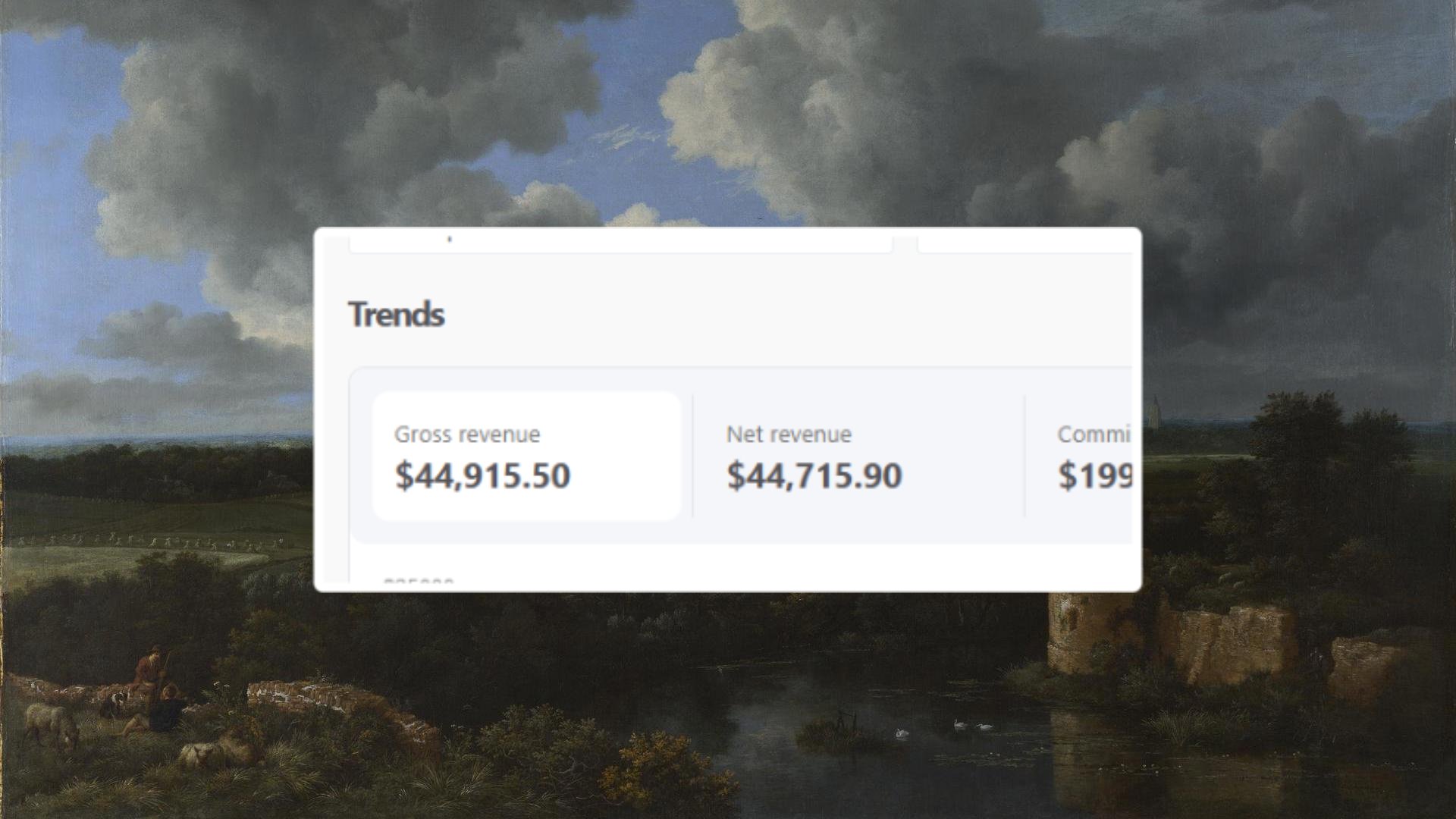 Dashboard: $44,915.50 gross revenue