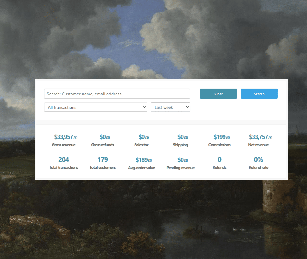 Dashboard: $33,957.50 gross revenue in a week